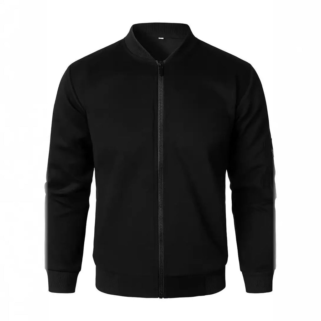 A man's loose-fit knitted jacket in a light business style, shown in black.