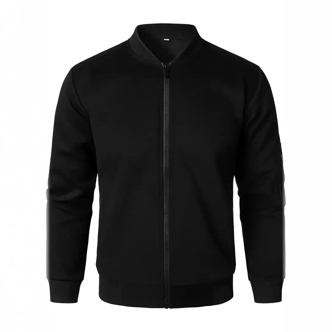 A man's loose-fit knitted jacket in a light business style, shown in black.