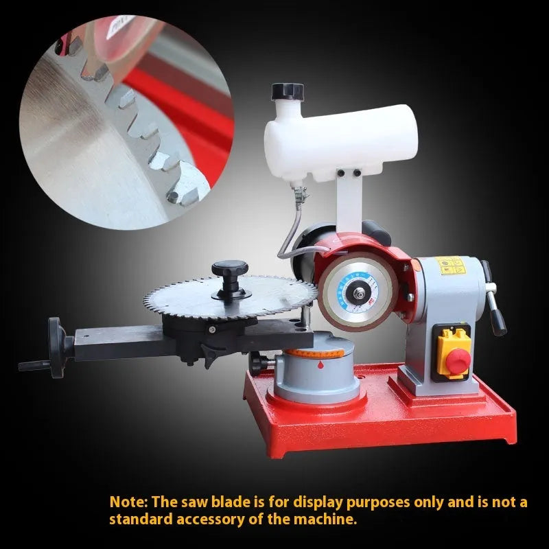 Small manual sharpening machine for grinding teeth on alloy circular saw blades.