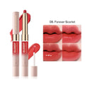 Double-headed lipstick with two colour tips showing matte finish, available in 10 colour variations