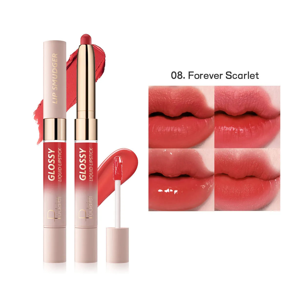Double-headed lipstick with two colour tips showing matte finish, available in 10 colour variations