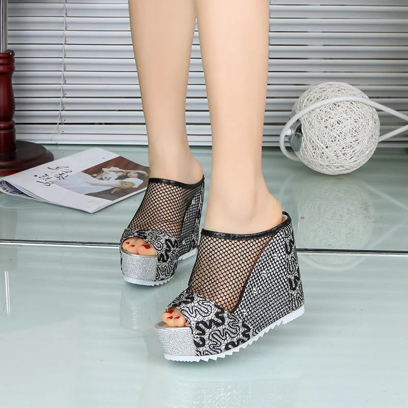 Korean platform sandals with chunky hollowed-out heel, mesh upper, and lace-up design in gold colour.