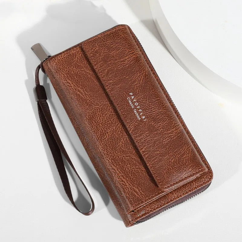 Men's black PU wallet with multiple card slots showing casual long 19cm design