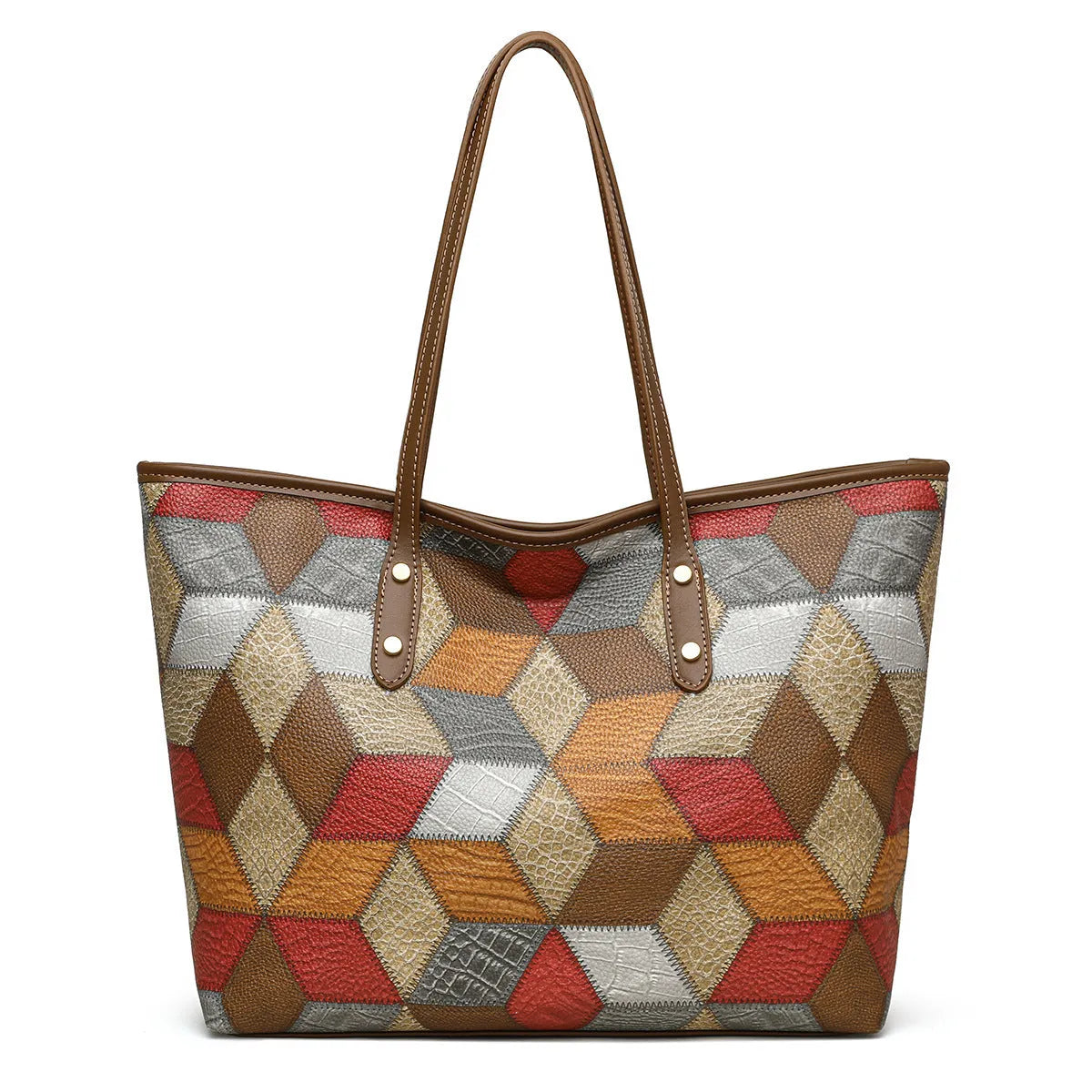 Women's large capacity PVC handbag in blue-brown colour with outer sandwich pockets