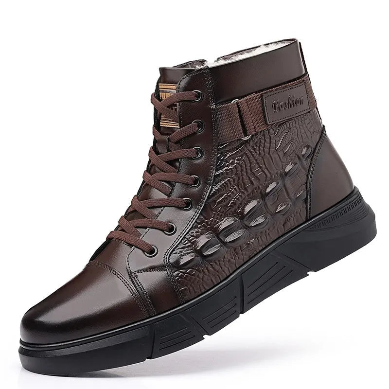 Black and brown velvet style snow boots with genuine leather upper and fur lining