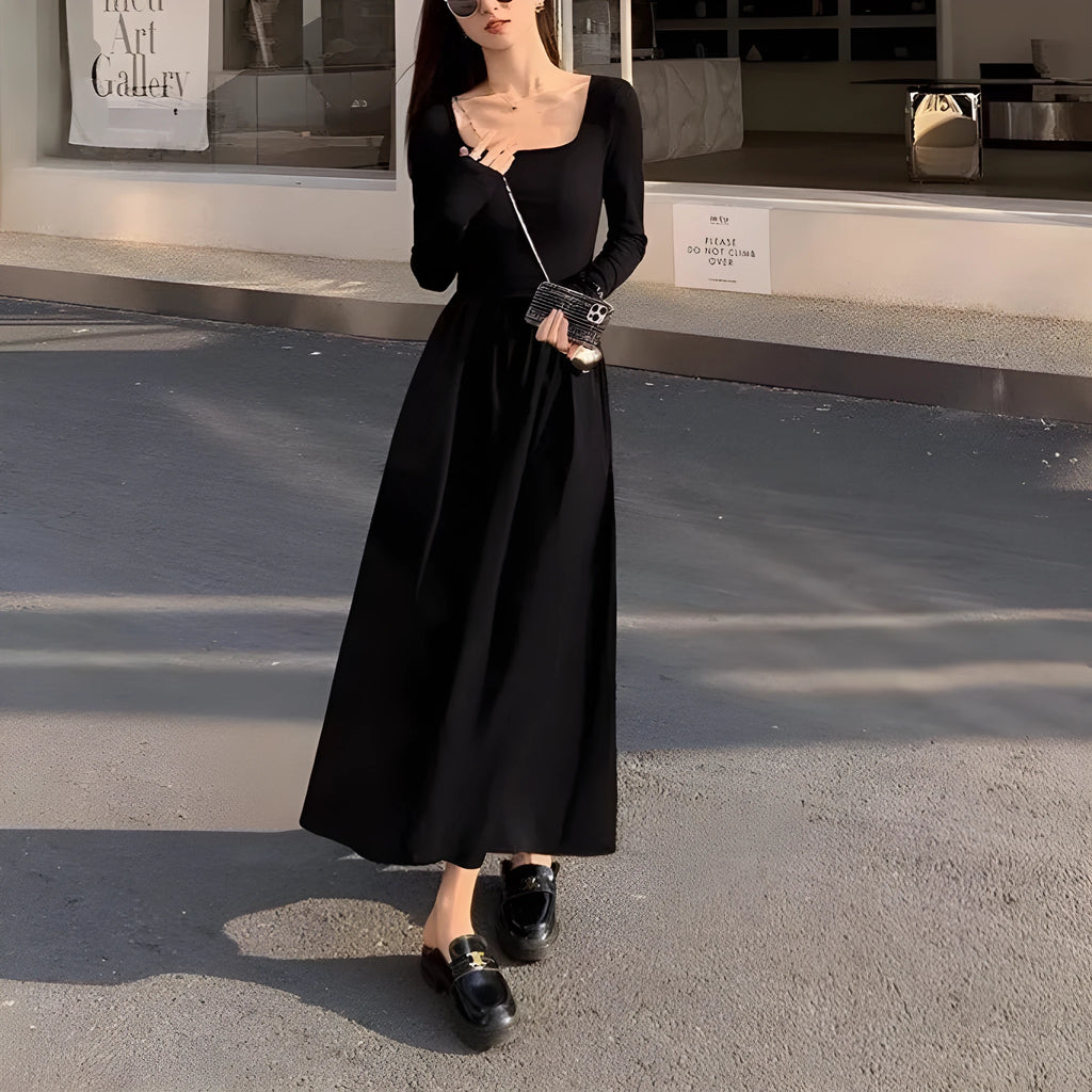 Black square collar knitted dress with elastic waist and long A-line skirt