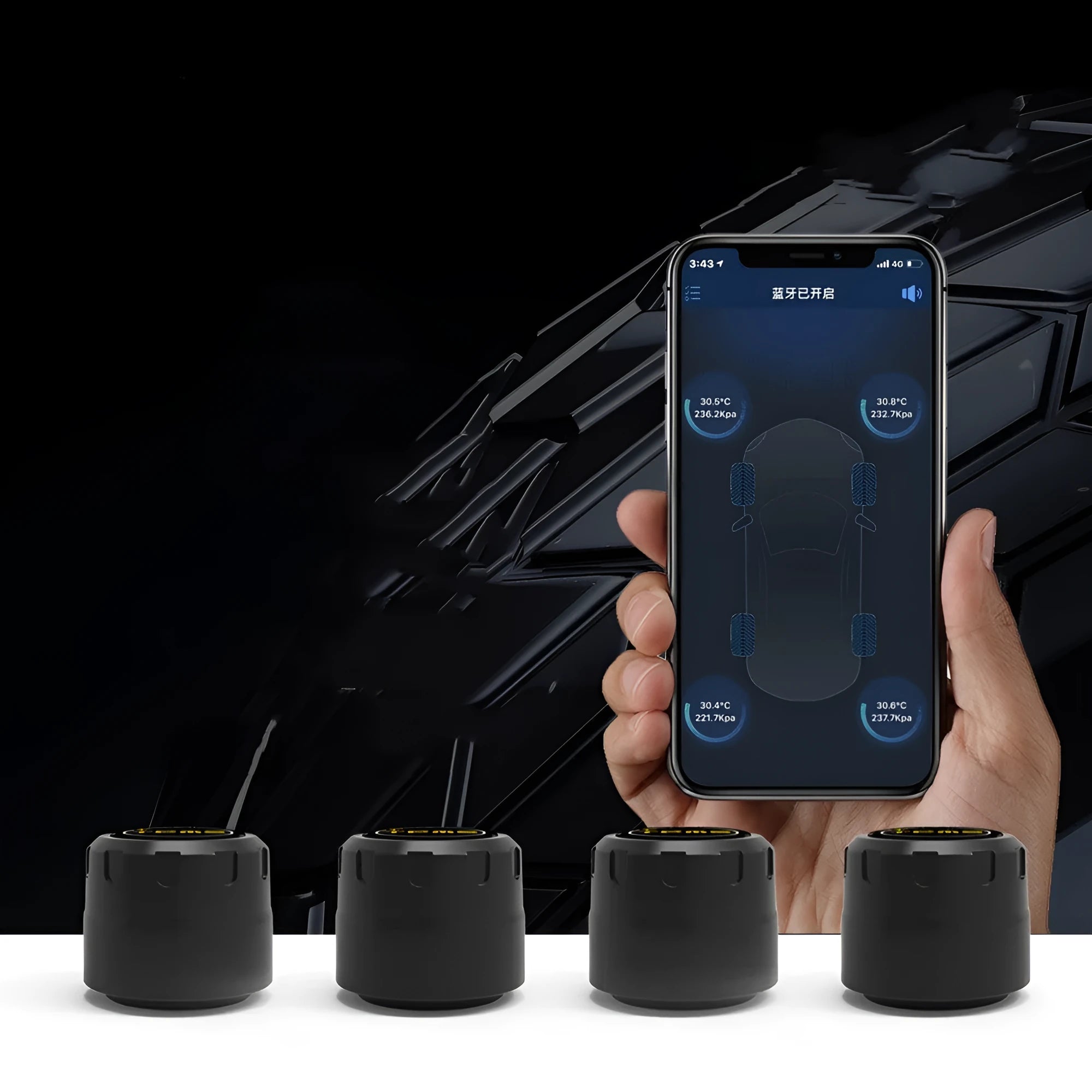 Bluetooth 5.0 automotive tire pressure monitor with four external sensors, wrench, and anti-theft screws