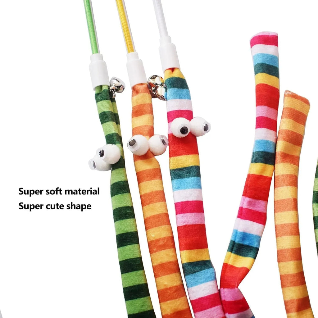 Cat wand toy with polycarbonate pole and long plush strip in green, orange, or rainbow
