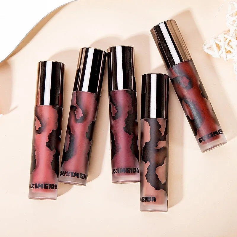 Lava Secret matte liquid lipstick tube showing no-stain technology and five natural shade options