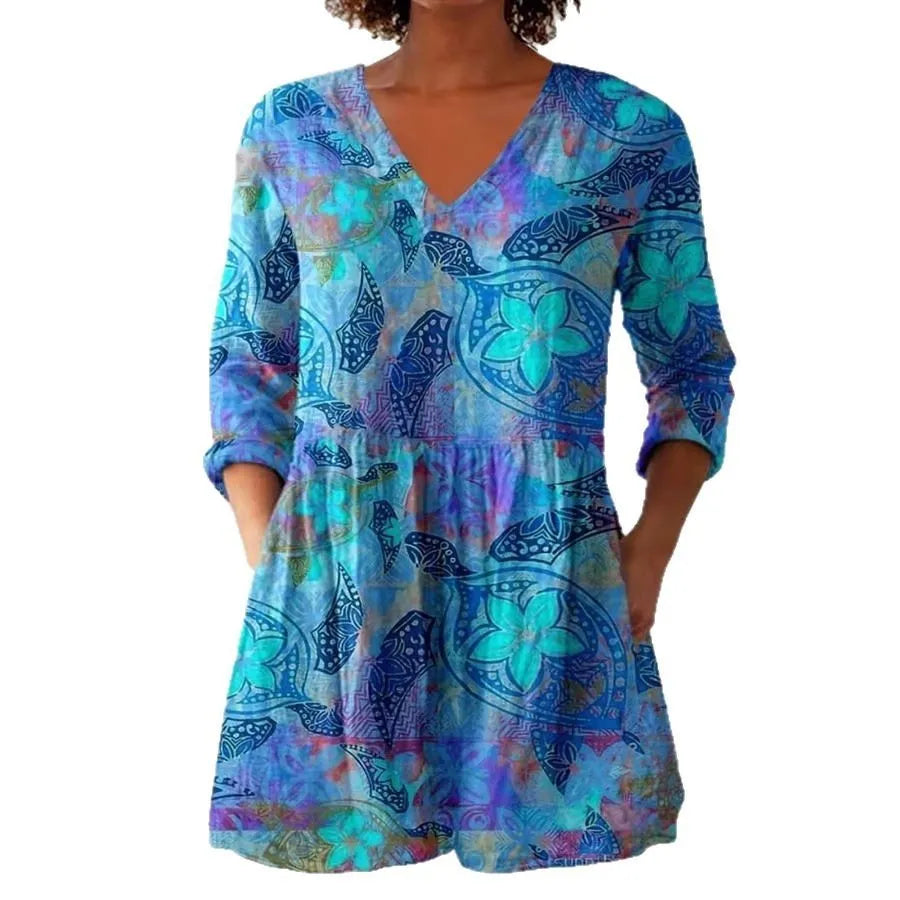 Women's retro slim-fit long-sleeved polyester top with digital printing in various colours