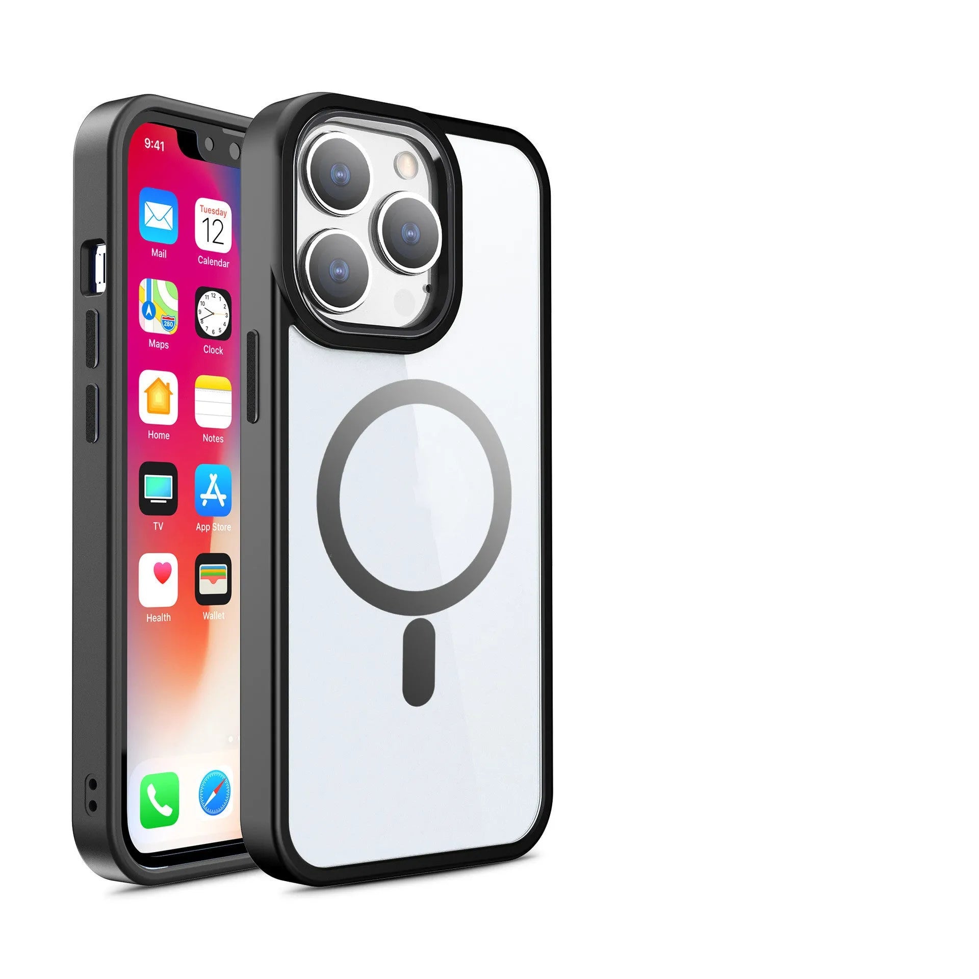 A transparent silicone magnetic phone case for iPhone, shown in a solid colour on a phone.