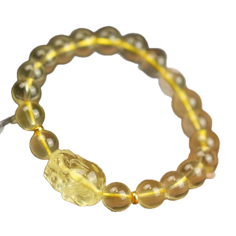 Yellow leather bracelet with artificial citrine crystal beads in Chinese Pi Xiu design