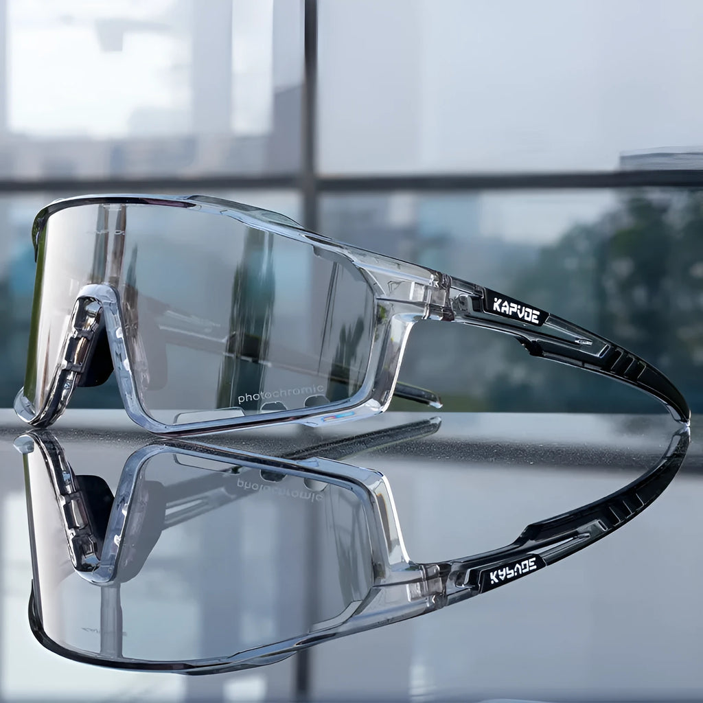 Photochromic cycling sunglasses with TR90 frame and semi-rimless design for outdoor sports.