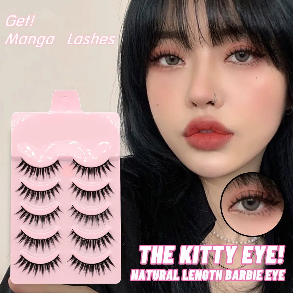 Set of manga anime style false eyelashes showing three styles 007, 008, 009 on a plastic black terrier band.