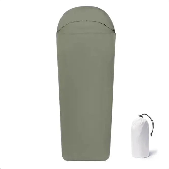 Blue and green adult mummy type nylon camping sleeping bag laid flat, showing dimensions.
