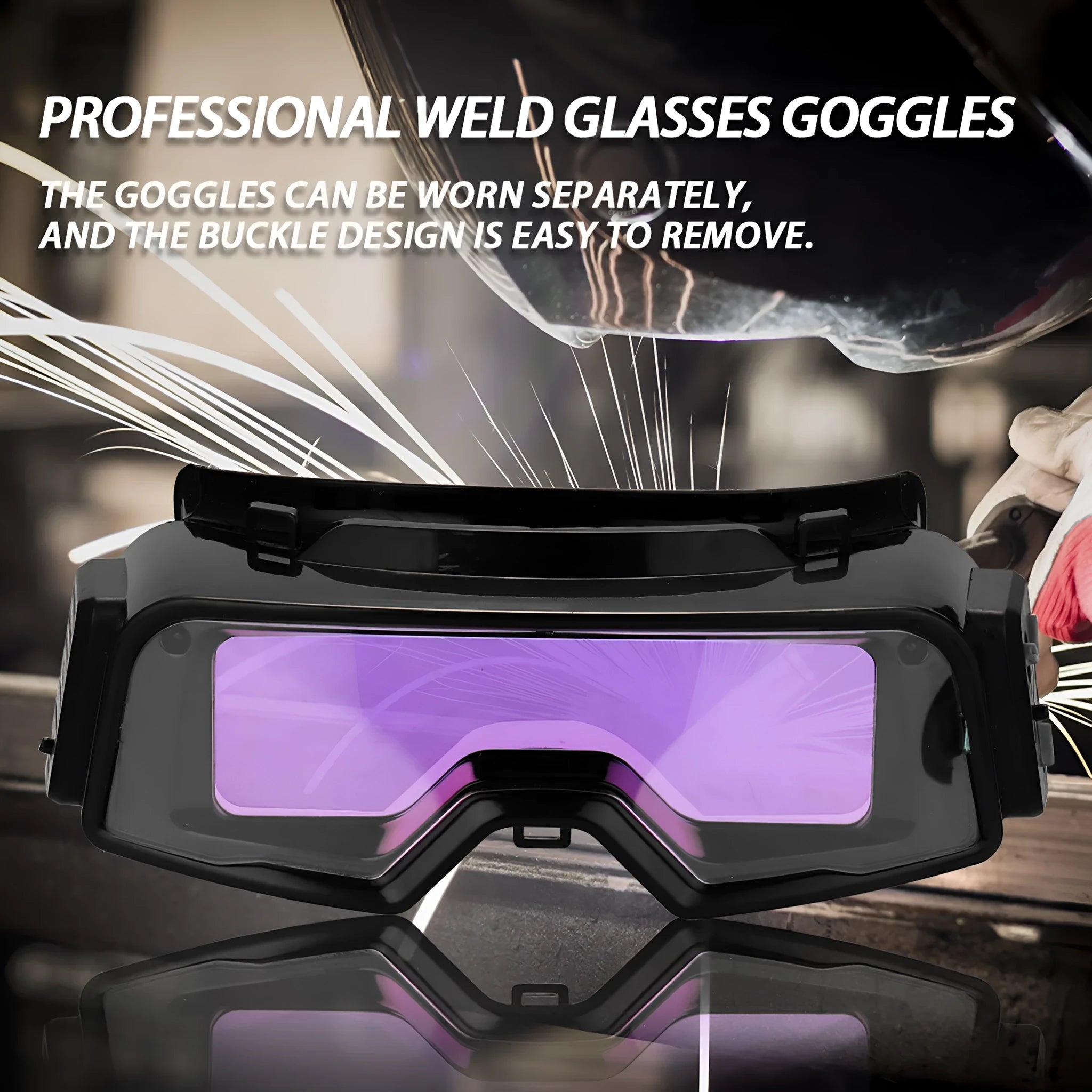 Black automatic darkening welding mask with large viewing lens and head strap.