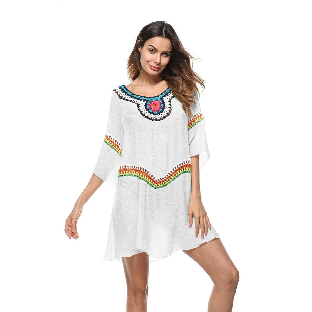 Crocheted ethnic style white polyester sun protection clothing for women on a beach