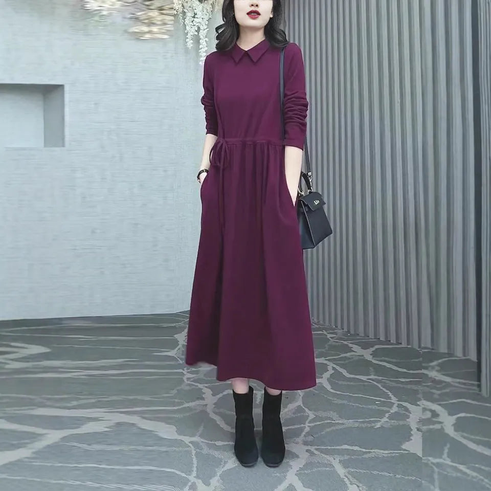 Purplish red plus size long sleeve midi dress for women's autumn winter commuting