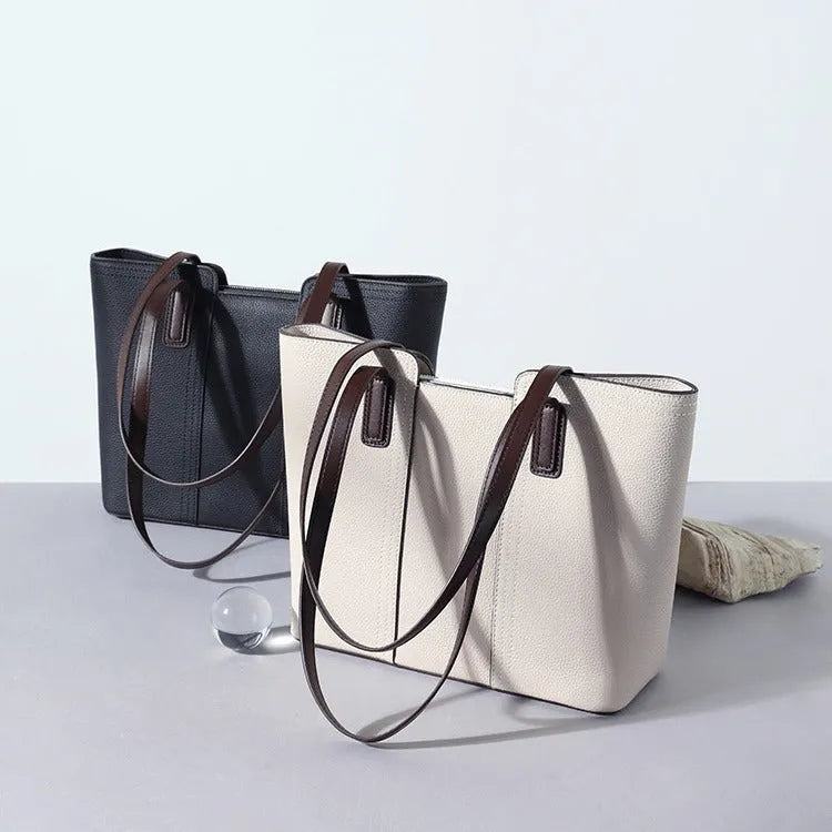 Genuine leather women's shoulder bag in box-type design with sandwich pocket and mobile phone compartment
