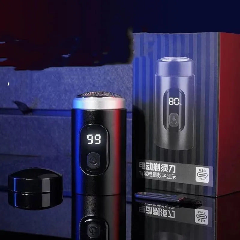 Black rechargeable USB shaver with LED display, cleaning brush, and protective cover