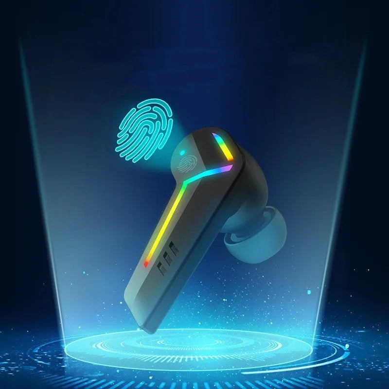 Small black wireless TWS sports earbuds with low latency for gaming.