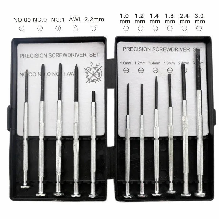 TH-6177 11-piece clock screwdriver set with cross and one line heads on display