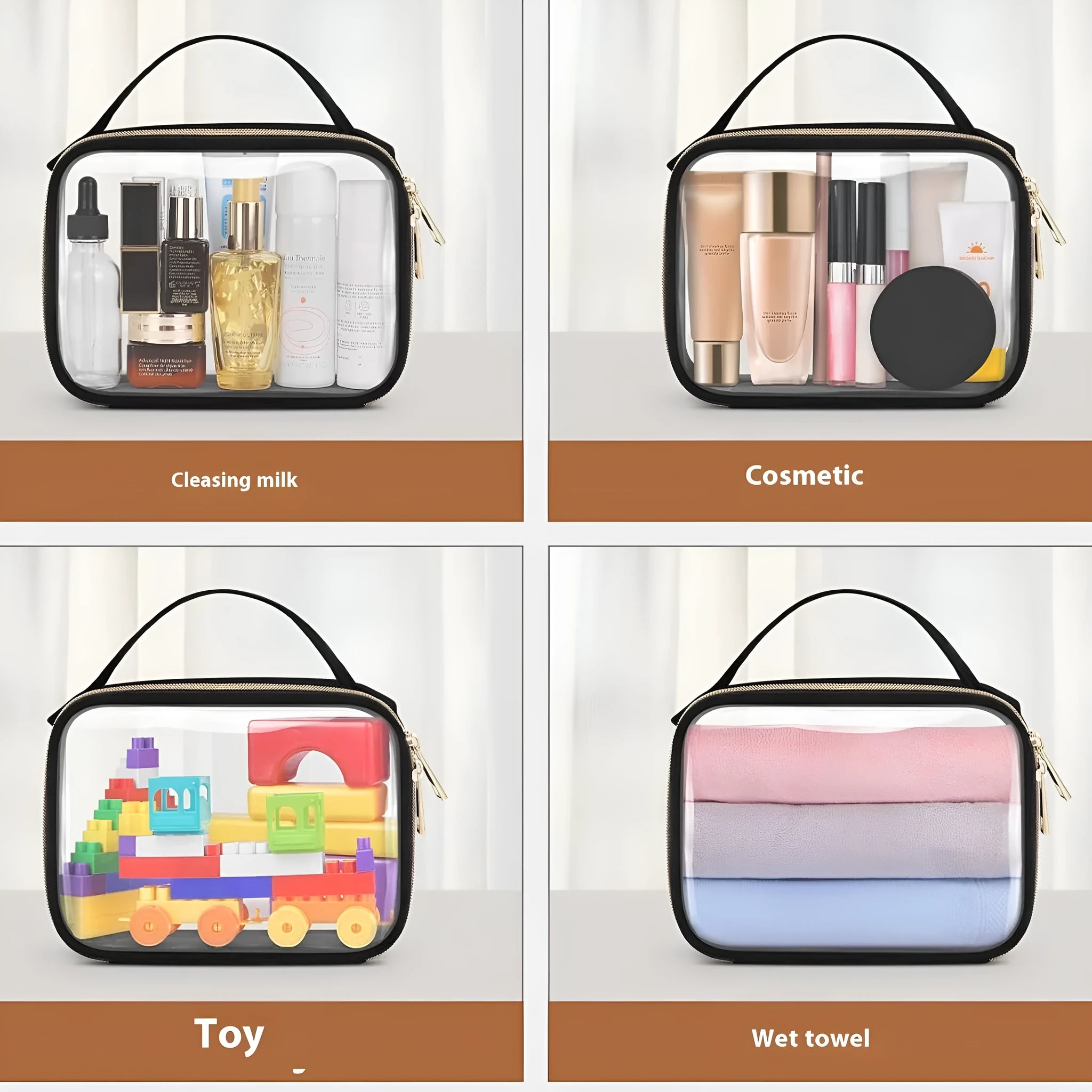Transparent PVC lipstick organiser bag with detachable metal chain in leopard print pattern