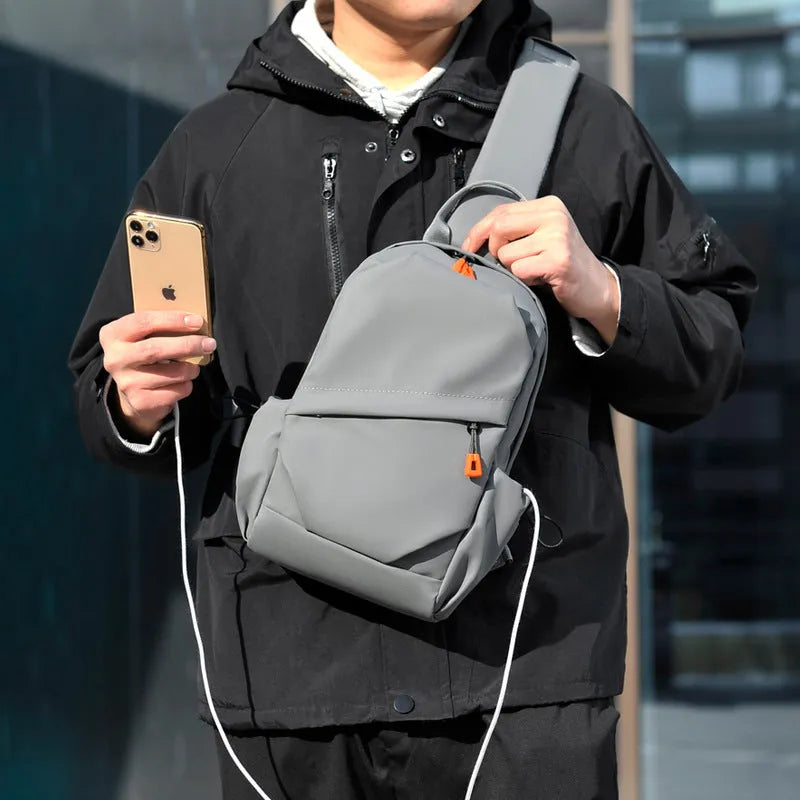 Black and grey mens casual crossbody bag made from waterproof polyester with single shoulder strap