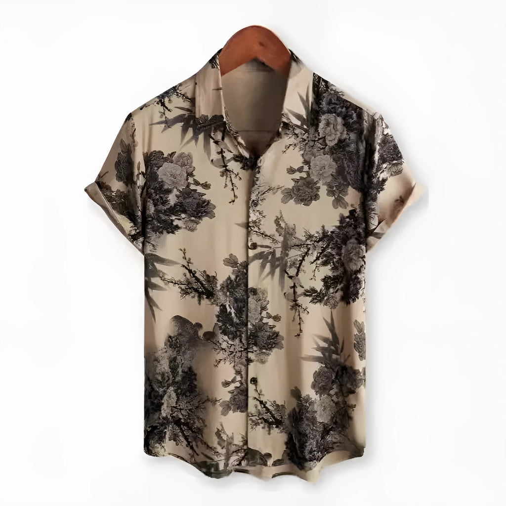 Hawaiian floral print short sleeve shirt in cardigan style with digital printing on elastic polyester fabric