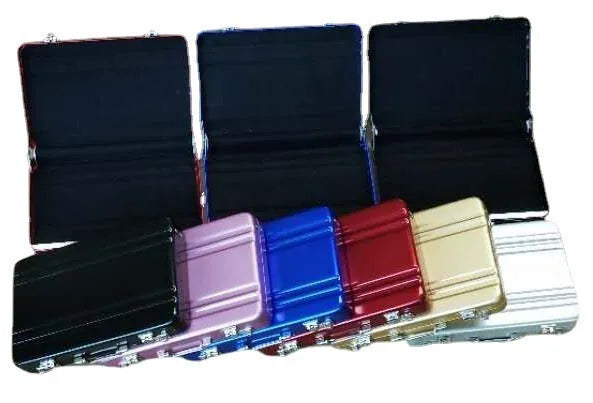 Aluminium alloy metal card holder in six colour options showing compact size.