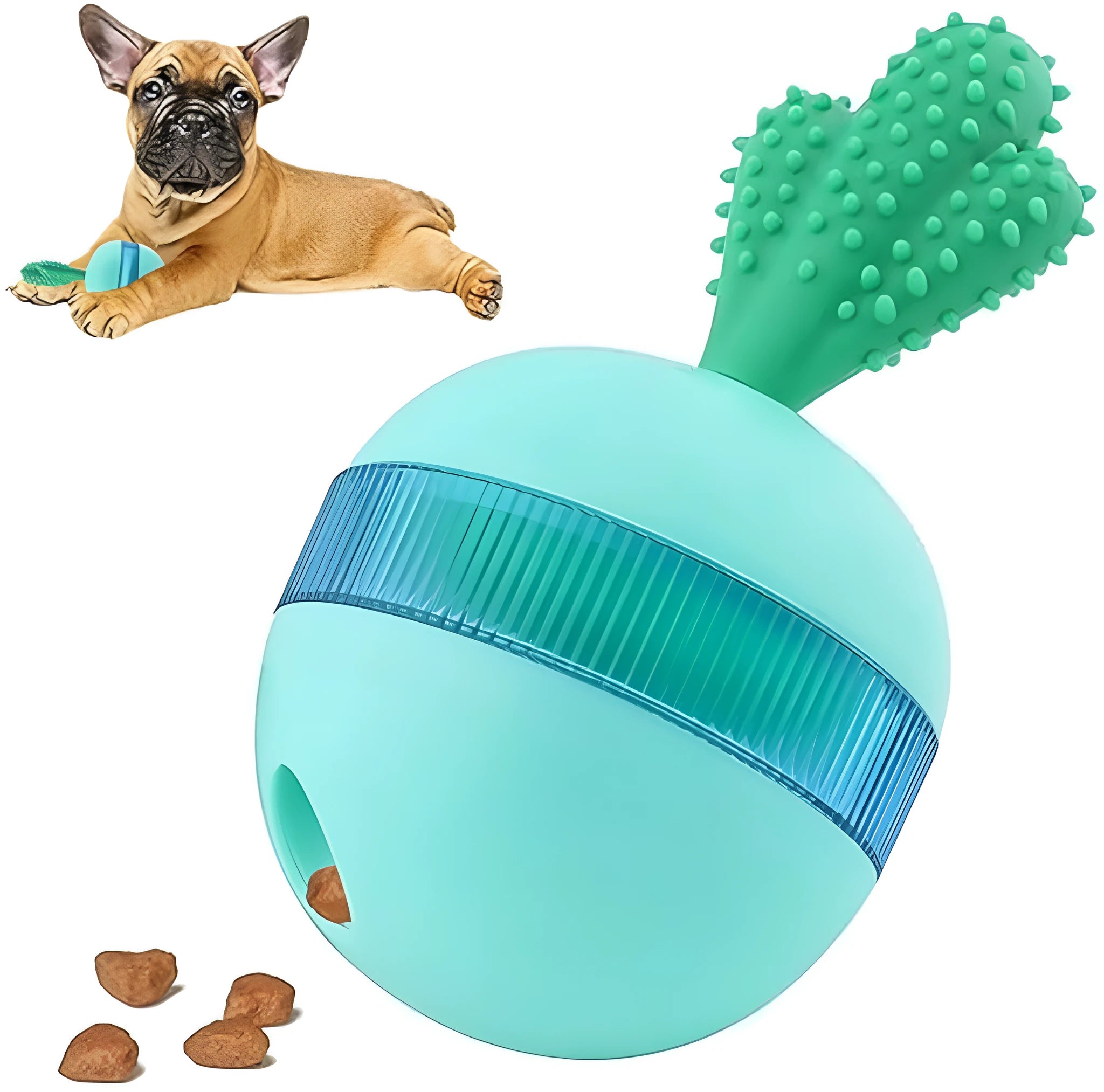 Durable rubber treat dispensing dog toy in tumbler ball shape for medium to large breeds