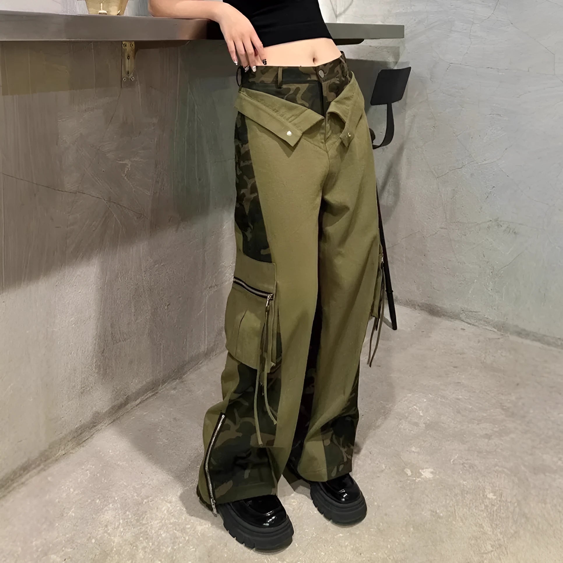 Women's dark khaki leopard print high waist jeans with straight leg cut and tooling style details