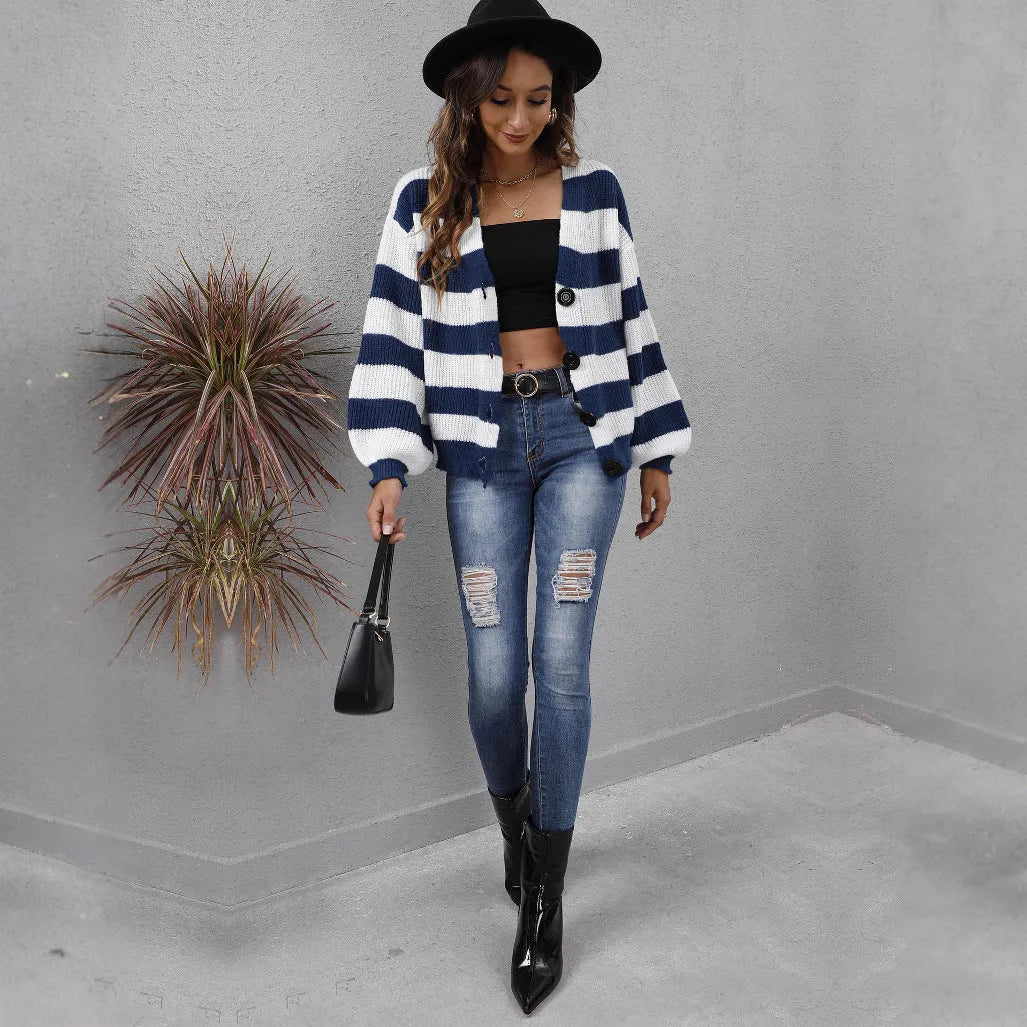Women's striped button-front cardigan sweater in deer plush fabric, shown in blue.