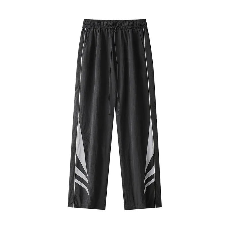 Men's grey straight-leg casual trousers with a loose plus-size fit and button fly.