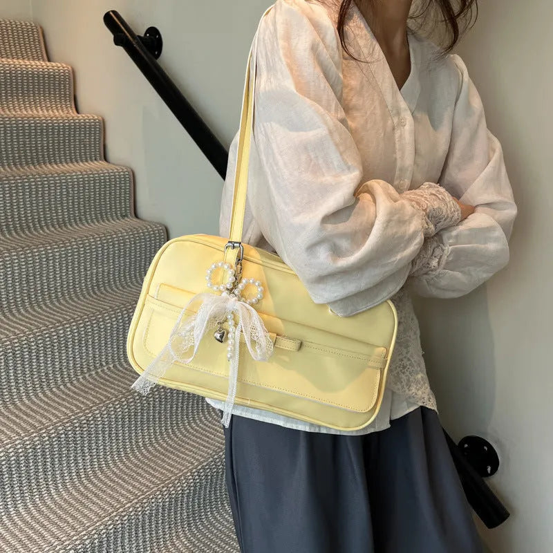 Women's solid colour PU single-shoulder flap bag with pearl bow decoration and mobile phone pocket