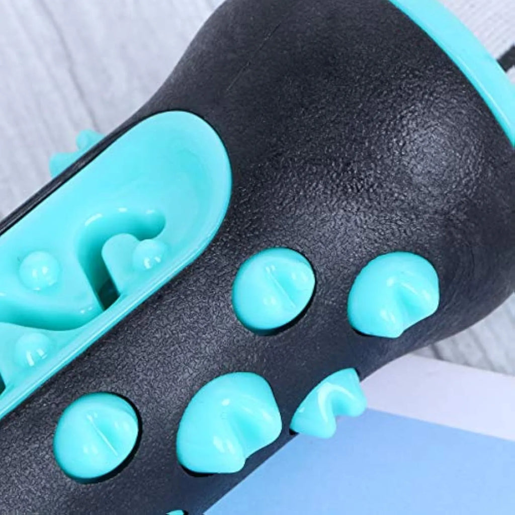 Natural rubber dog dental chew toy with ridges, 15cm long, in blue, green, yellow or black blue