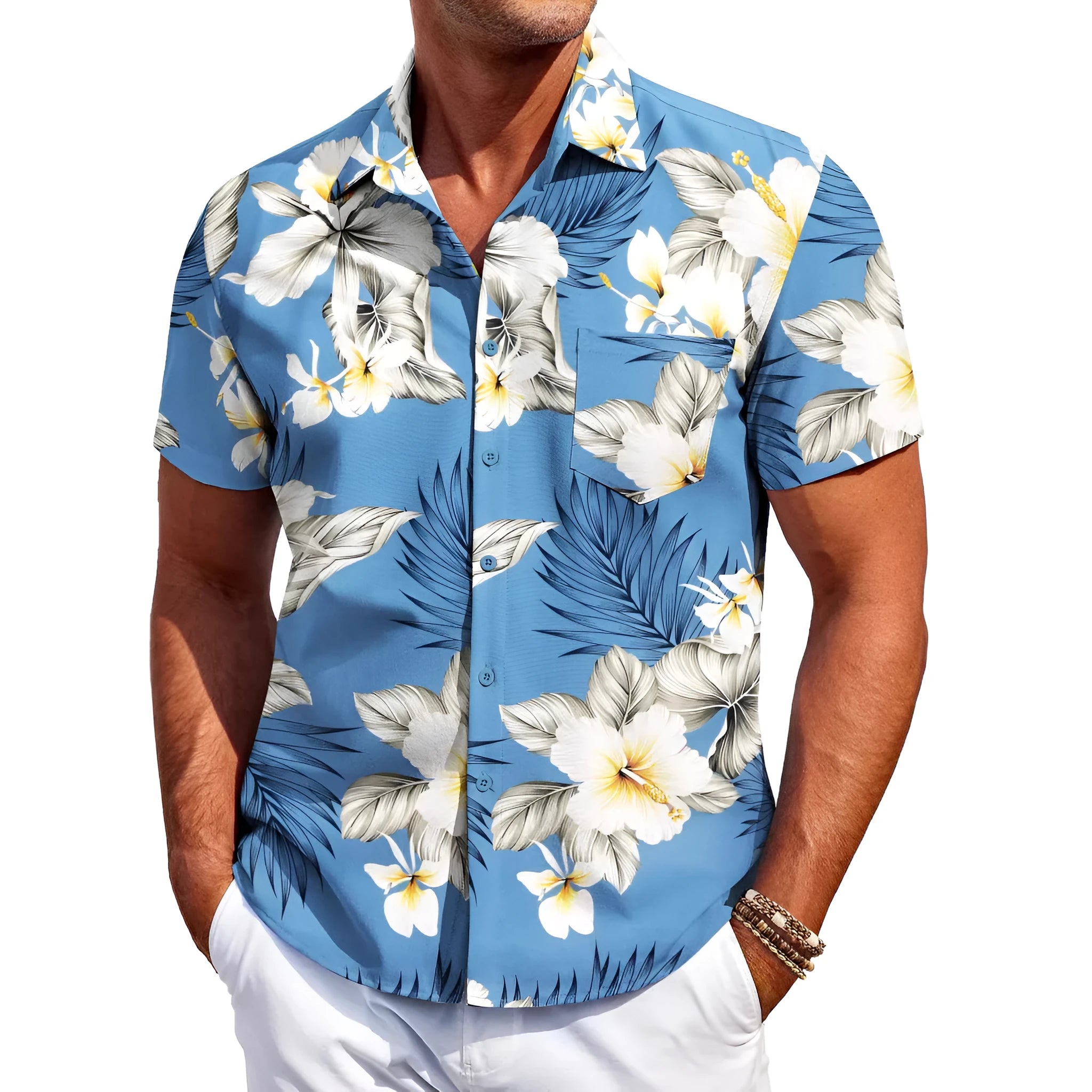 Man wearing a slim fit, short sleeve cardigan-style shirt in a solid colour.