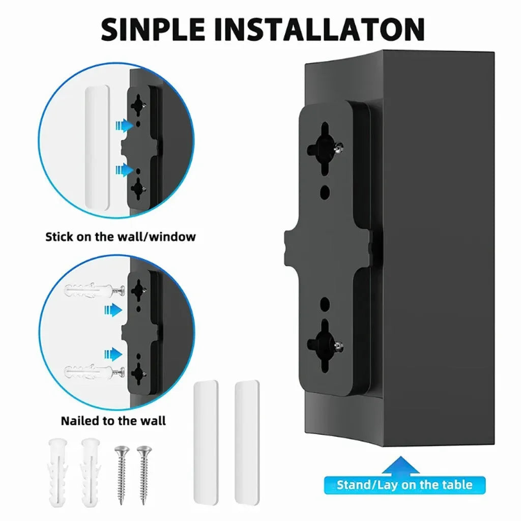 Black plastic HD digital television antenna with mounting hardware including expansion tubes, screws, cable ties, and adhesive tape