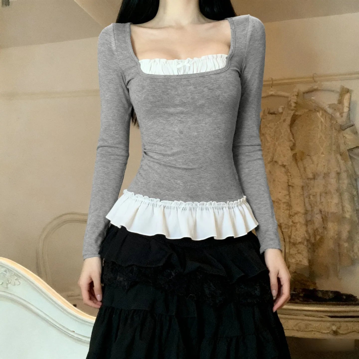 Women's casual fake two-piece lace long sleeve t-shirt in gray slim fit