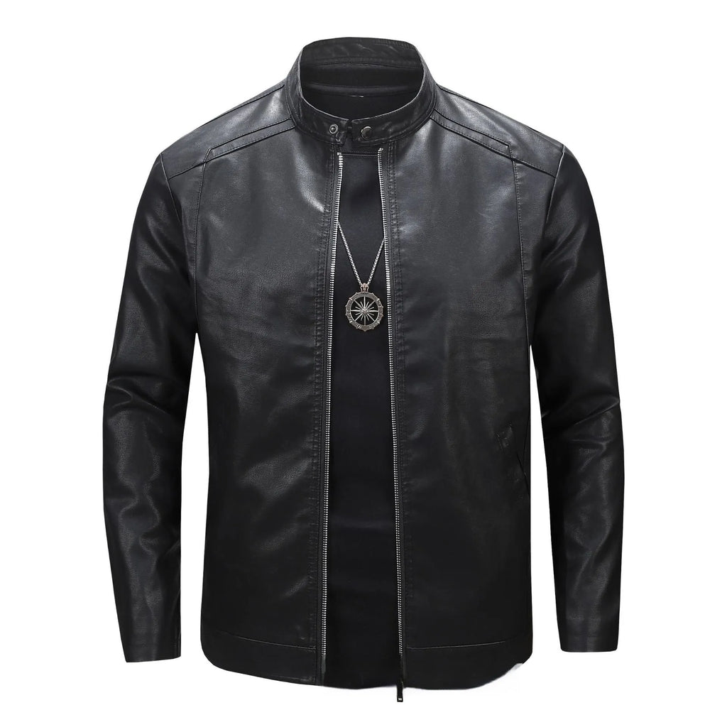 Men's slim artificial leather jacket with stand collar, black, sizes M to 5XL