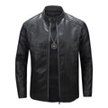 Men's slim artificial leather jacket with stand collar, black, sizes M to 5XL