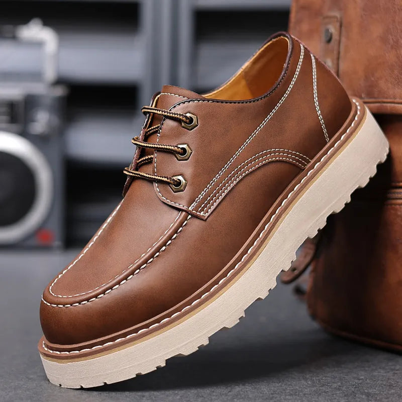 Men's black and brown retro Martin boots with low top and round toe design