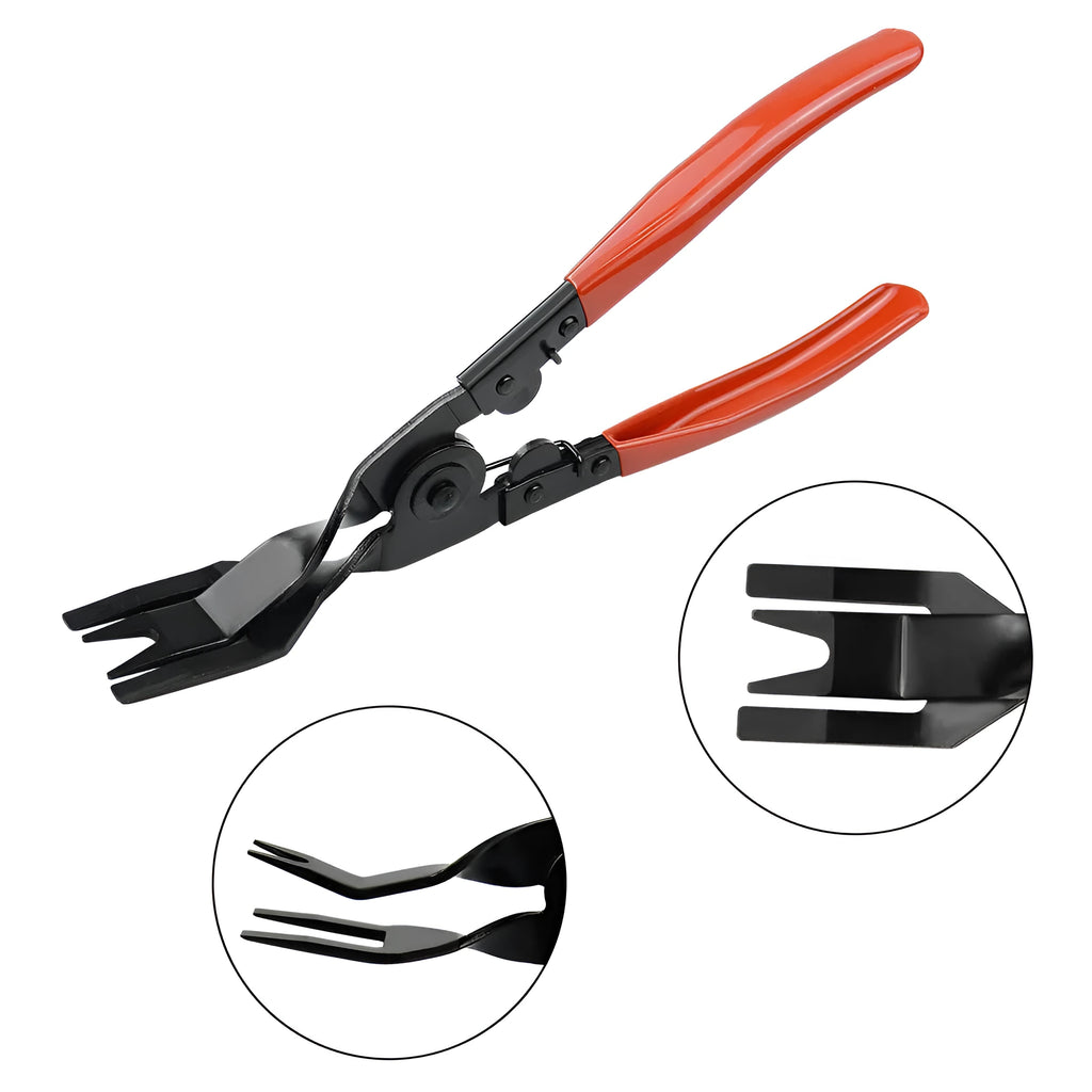 Automotive door panel clip removal tool with horn nailing design and red-handled light switch pliers