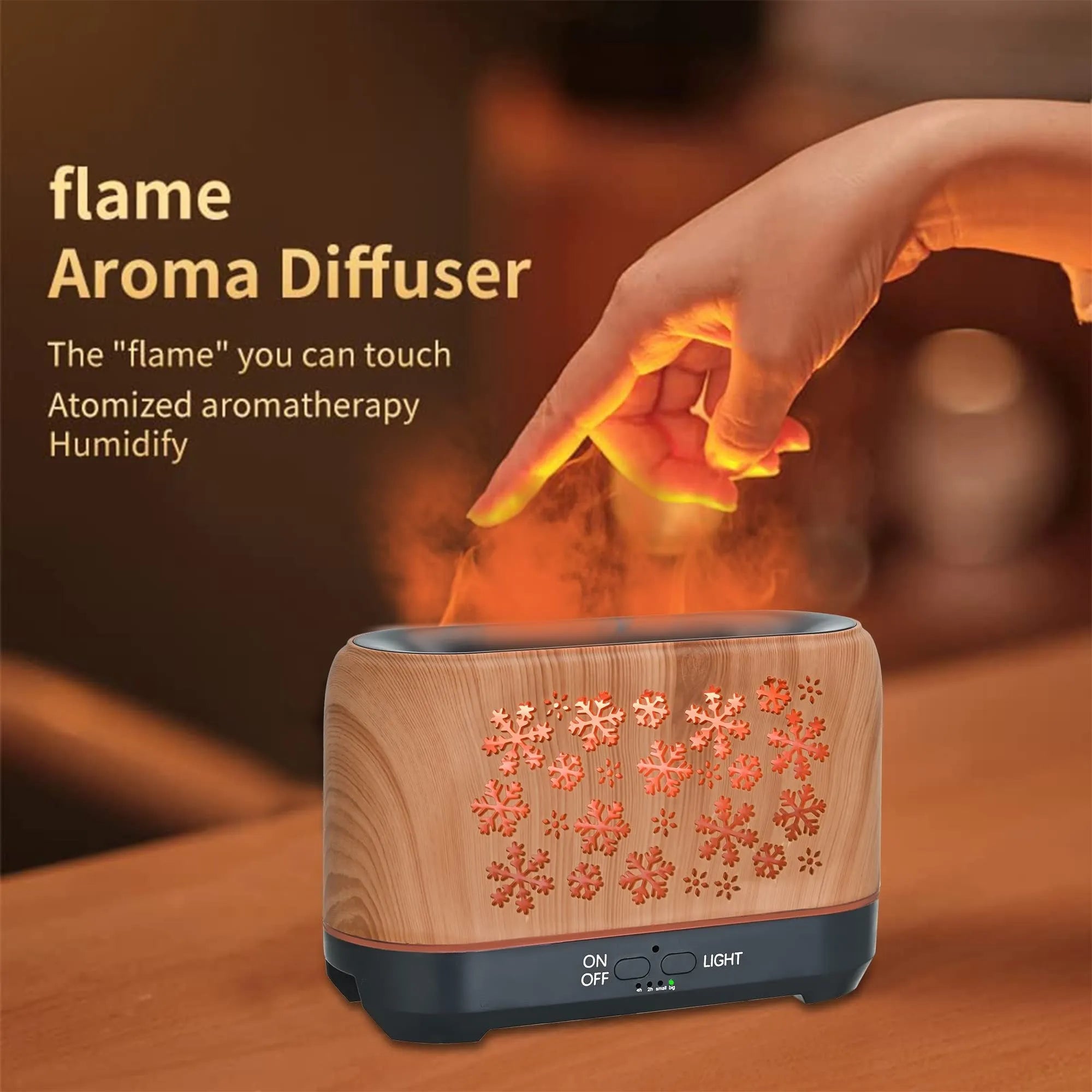 Square plastic humidifier with snowflake wood grain pattern and glowing flame effect light
