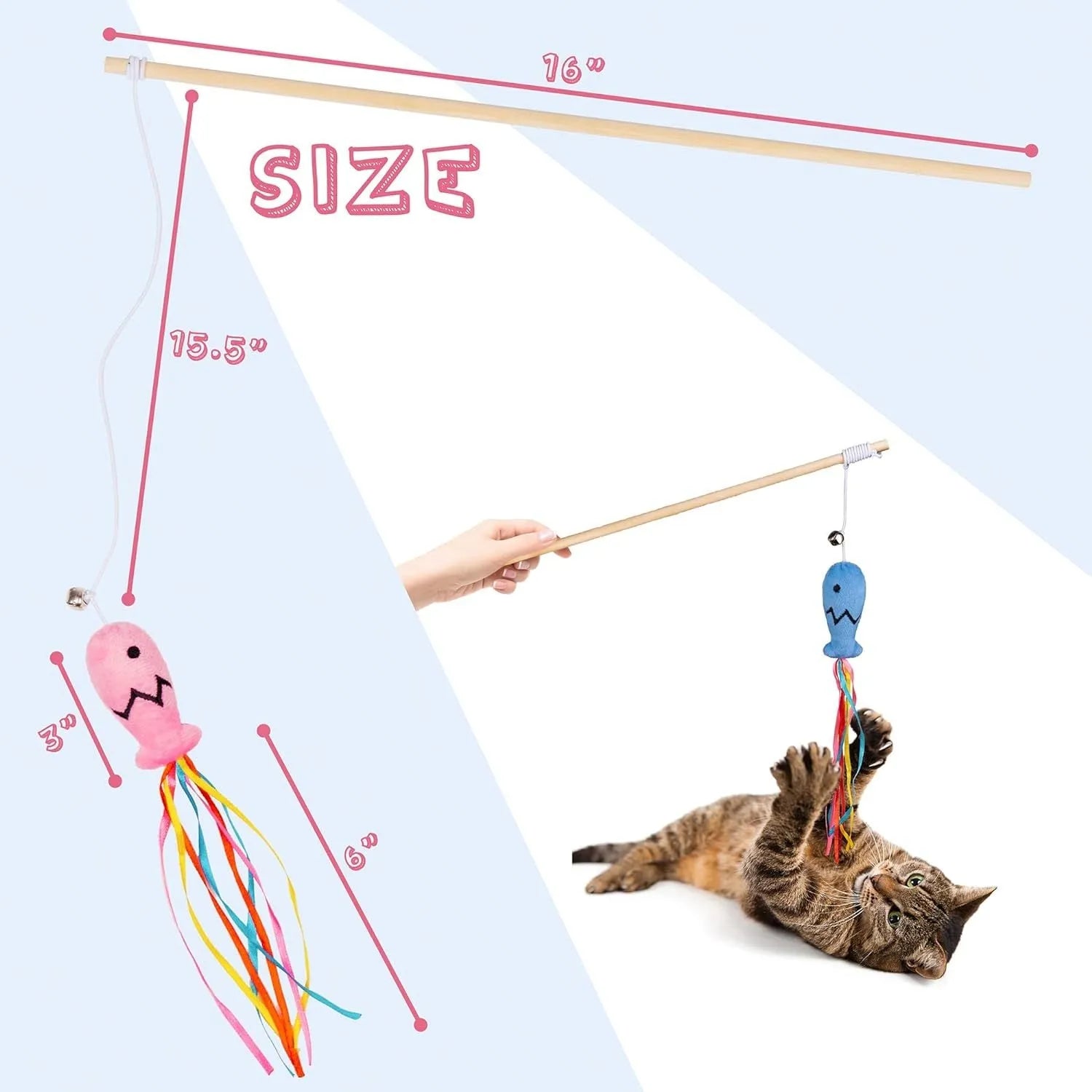Cat wand toy with colourful ribbons, catnip fish, bell, and wooden handle for interactive play