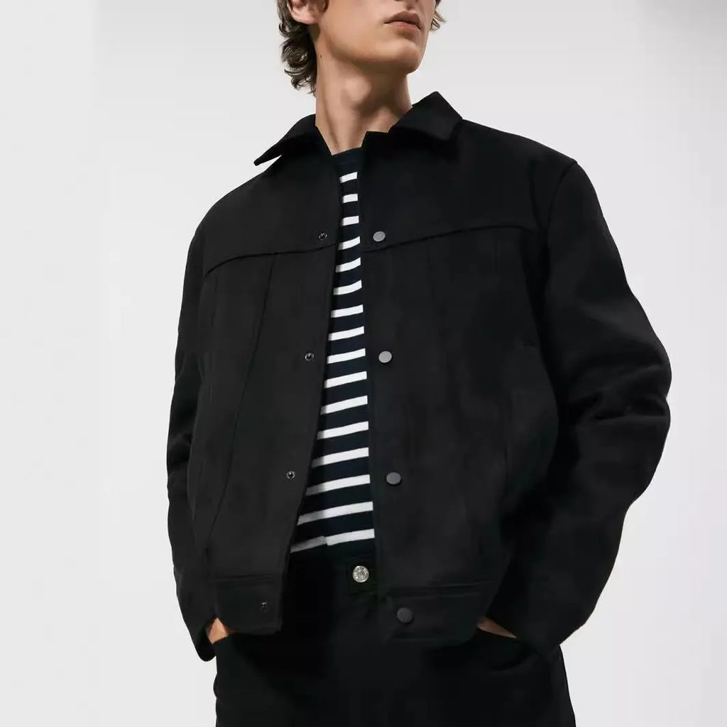 Black men's hooded jacket with cotton blend fabric and side pockets in regular length