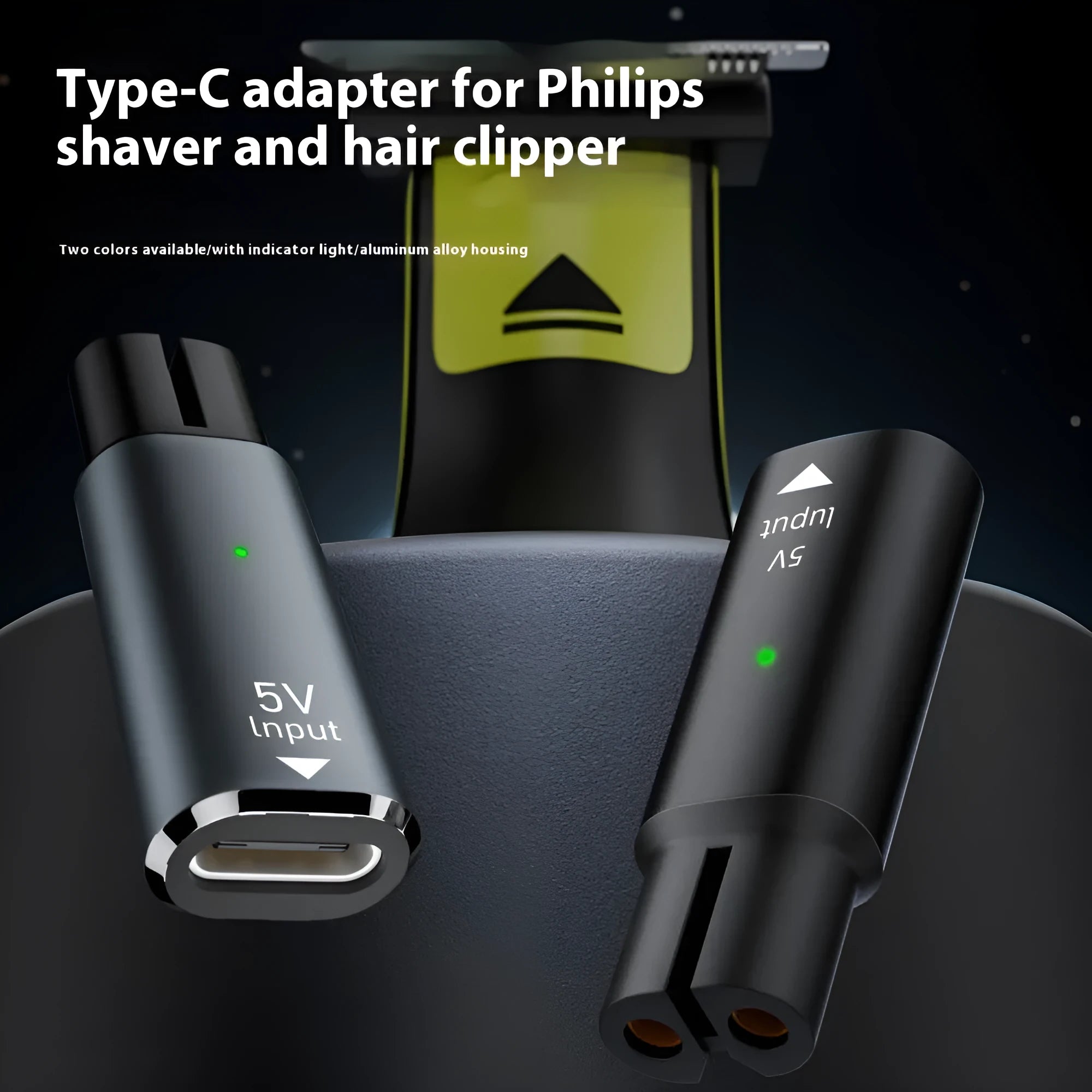 Black aluminium USB-C charging adapter for electric shavers with 8W 4.3V output.