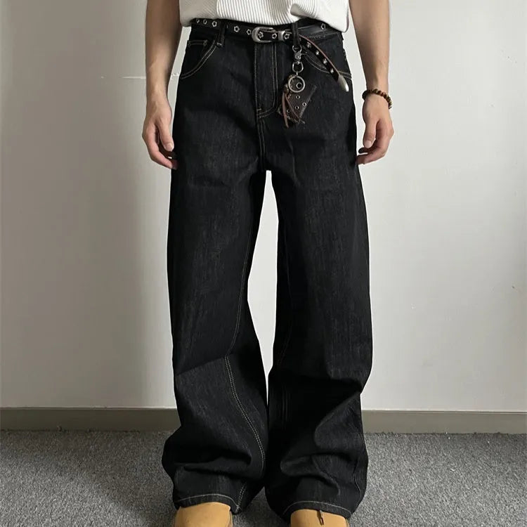 Black retro wide-leg jeans with straight-leg design and zip placket closure