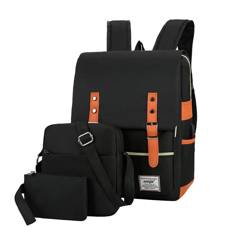 Three-piece waterproof Oxford cloth business backpack in black with curved shoulder straps