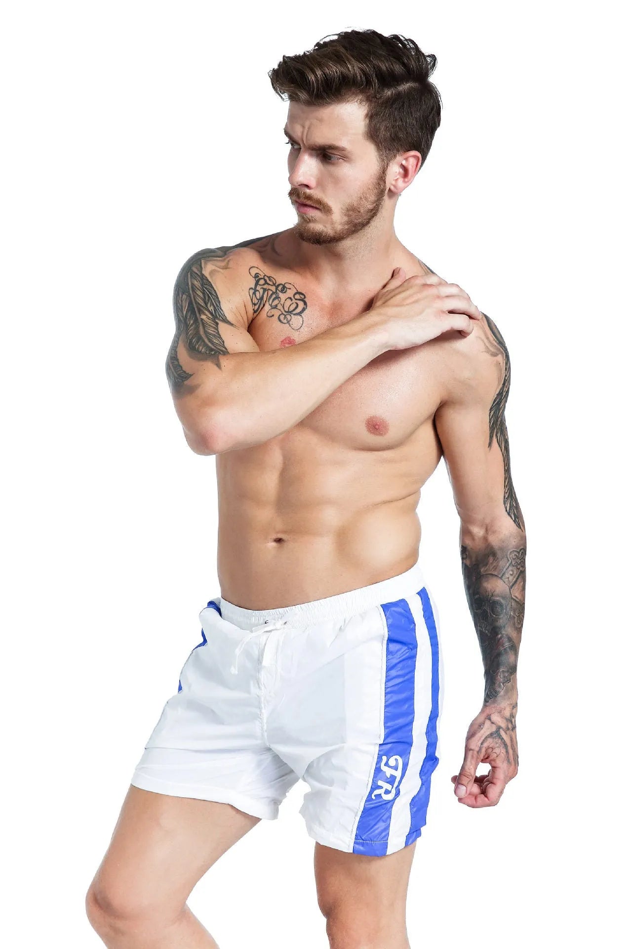 Men's blue lace-up sports shorts with padding, shown in a slim-fit style for running.